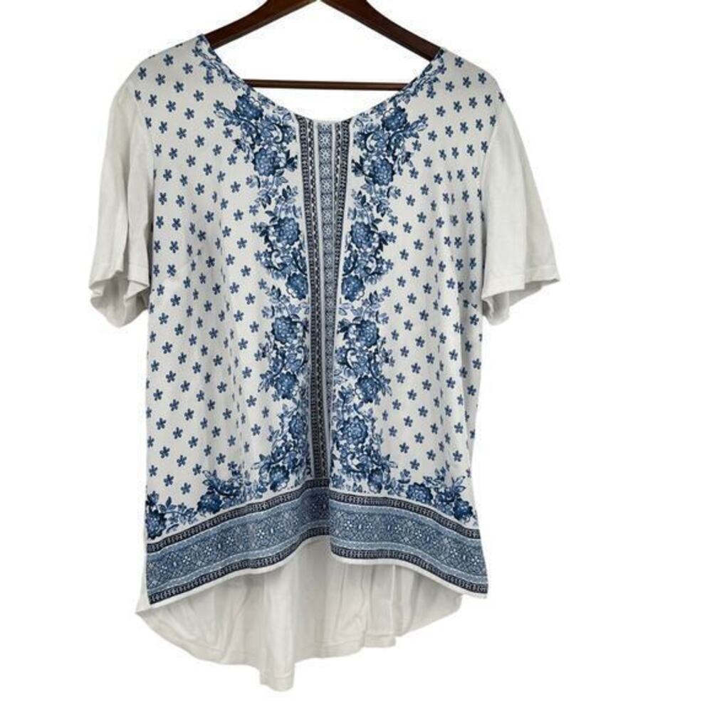 Talbots blue white plus size high low damask pullover floral blouse top size 2X